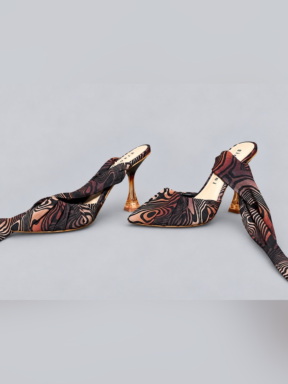 Pointed Mule Heels in Black and Brown Swirl Print